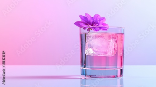 A captivating and visually striking neon colored cocktail served in a transparent glass elegantly garnished with a vibrant and alluring edible flower