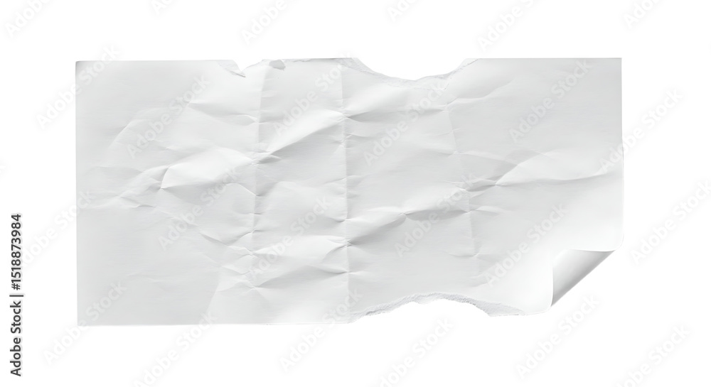 Obraz premium Crumpled White Paper Sheet with Torn Edges and Curled Corner Detail