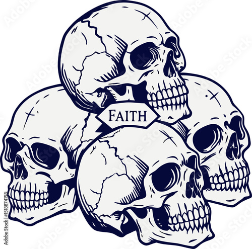 Pile of Human Skulls with "Faith" Banner - Detailed Engraving Style
