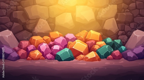 A fantastical underground cave filled with a vibrant array of faceted iridescent crystals and precious gems illuminating the darkness with a captivating radiance