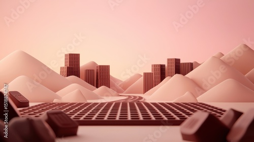 A futuristic minimalist landscape featuring a surreal cityscape of chocolate colored architectural structures amid towering abstract mountains in a hazy dreamlike environment