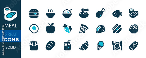 A solid-style icon set representing a variety of meals and foods such as breakfast, lunch, snacks, and dishes from global cuisines. Colored in navy and cyan on a white background, ideal for food apps