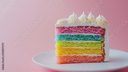 A modern and visually striking rainbow cake slice featuring vibrant layers of colorful sponge cake with creamy frosting
