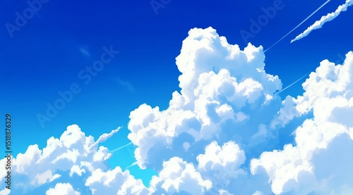 Vibrant Blue Sky with Fluffy White Clouds and Contrails