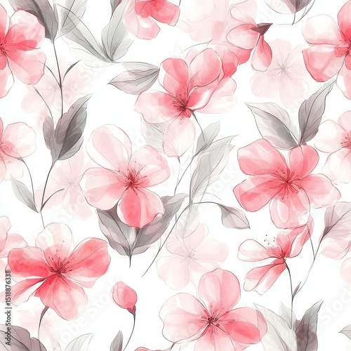 Seamless pattern featuring delicate pink flowers with gray leaves on a white background