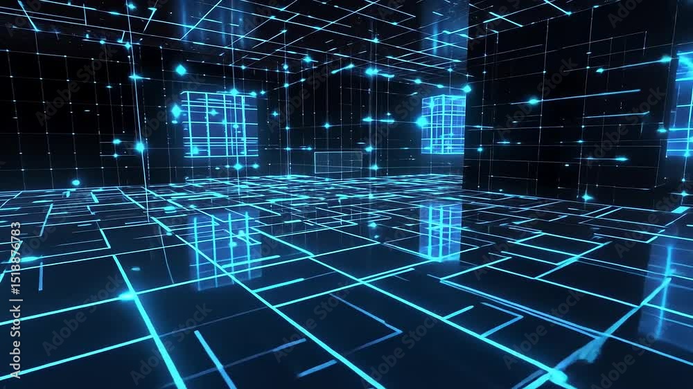 Futuristic digital space with glowing blue grid patterns, creating a high-tech ambiance for virtual events
