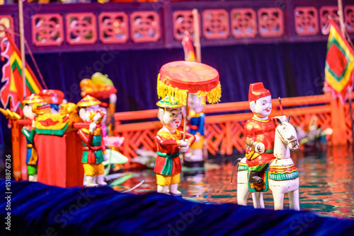 Traditional Vietnamese water puppet dolls theatre show in Hanoi, Vietnam, water puppetry doll show, in Thang Long theatre , one of the most traditional water puppet show in Hanoi, Vietnam.