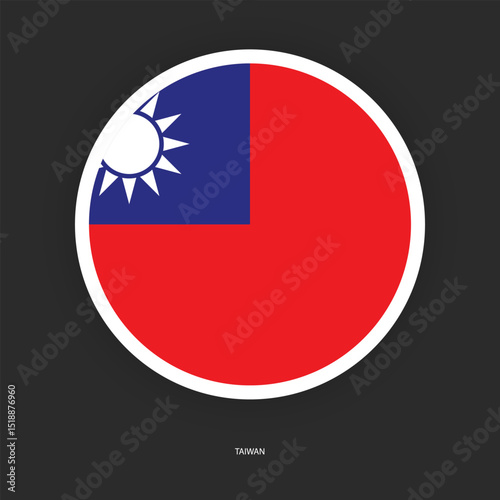 Taiwan circle flag icon with shadow on dark background. Taiwan button icon with white border isolated dark grey background	
