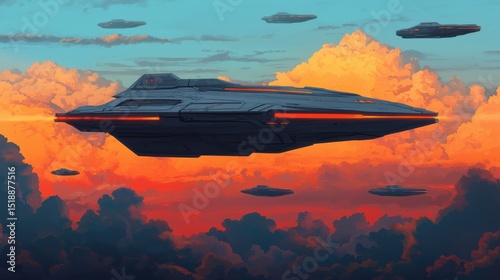 A sleek advanced spacecraft gracefully navigating through a vibrant otherworldly sky at sunset surrounded by captivating cloud formations