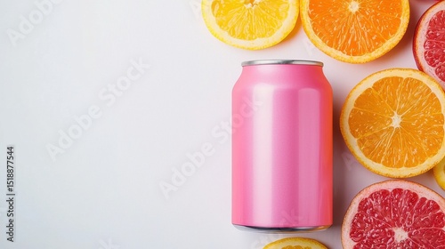 A sleek futuristic looking pink soda can surrounded by vibrant freshly sliced citrus fruits like oranges and grapefruits on a clean minimalist background