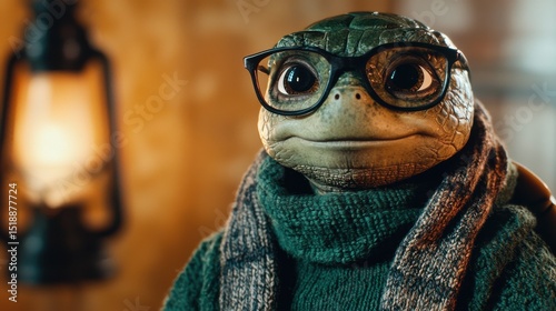A soft spoken anthropomorphic turtle with a pensive expression wearing a cozy green scarf and round framed glasses captured in a close up whimsical portrait