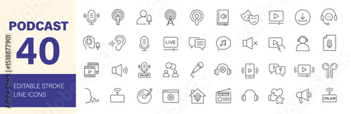 Podcast icon set. Containing microphone, radio, webcast, audio, video, news, broadcasting, sound, studio, podcaster, audiobook and more. Editable line icons. Vector illustration.