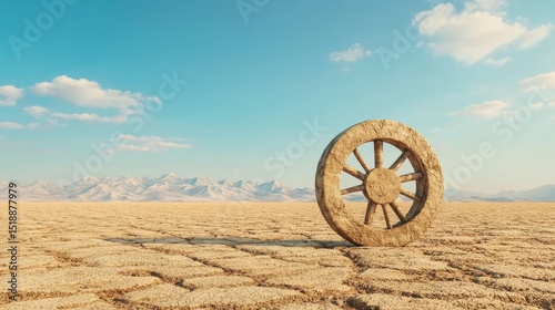 A solitary weathered stone wheel stands as a unique conceptual element amidst the vast barren desert landscape under a clear cloudless sky