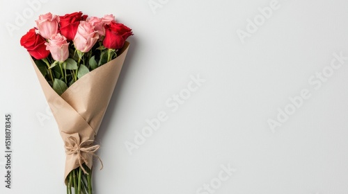 A stylish and vibrant bouquet of lush red and delicate blush roses wrapped in rustic twine making a romantic and thoughtful Valentine s Day gift
