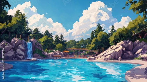A tranquil natural setting featuring a cascading waterfall a serene pond and a picturesque landscape with towering rocks verdant trees and a striking blue sky with fluffy white clouds