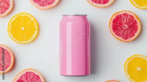 A vibrant and refreshing sparkling soda drink with a modern minimalist design and citrus fruits surrounding it