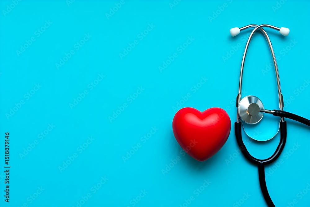 Red heart and stethoscope on blue. Healthcare, cardiology, checkup, heart health. Red heart and stethoscope on blue. Healthcare, cardiology, checkup, heart health.