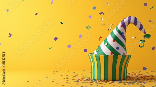 A vibrant and whimsical display of a striped cone shaped cupcake surrounded by confetti and other festive elements evoking the playful spirit of April Fools  Day