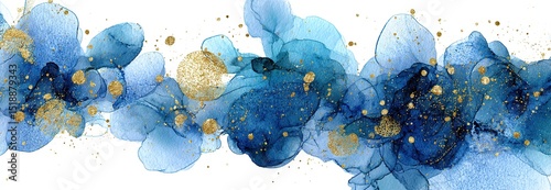 Modern watercolor background or elegant card design for birthday invite or wedding or menu with abstract blue ink waves and golden splashes on a white. High quality