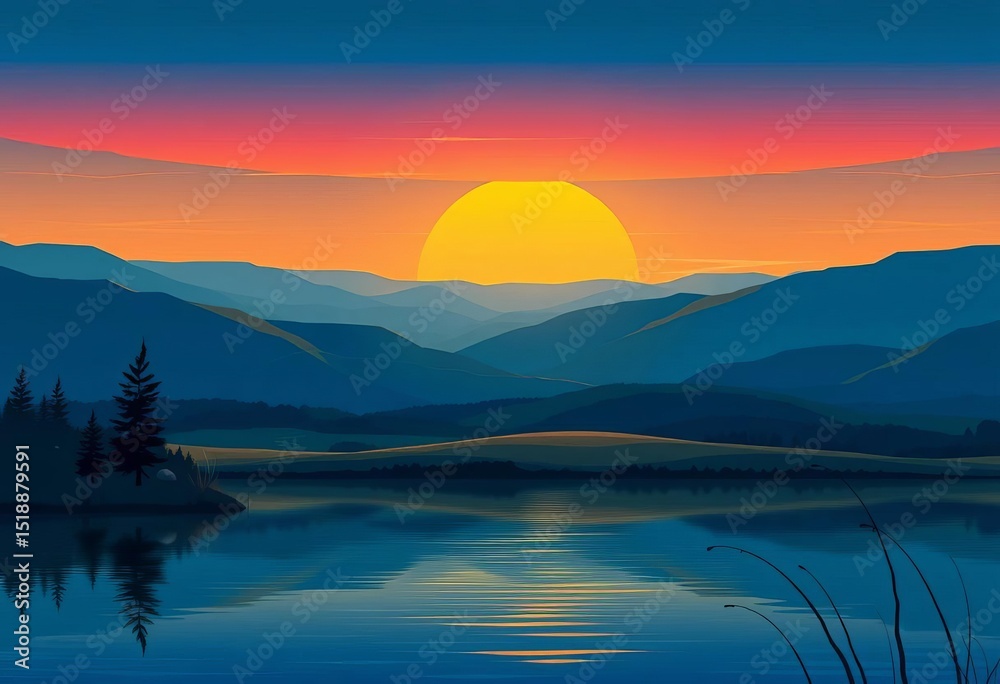 Fototapeta premium Serene lake, rolling hills, fishing rods, tranquil sunset, flat vector illustration, pond, activity