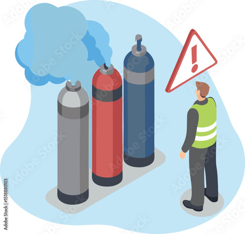 Factory worker attends safety training in isometric cartoon, learning how to handle hazardous gas leaks during emergencies in industrial settings.
