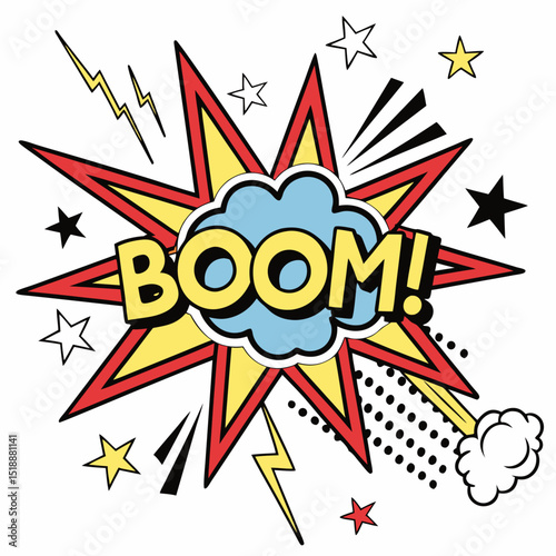 "BOOM!" Comic Book Speech Bubble with Explosion, Stars, and Lightning Bolts - Pop Art Style