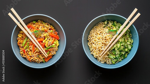 Two flavorful and nutritious Asian inspired noodle bowls filled with a variety of fresh colorful vegetables and seasoned to perfection