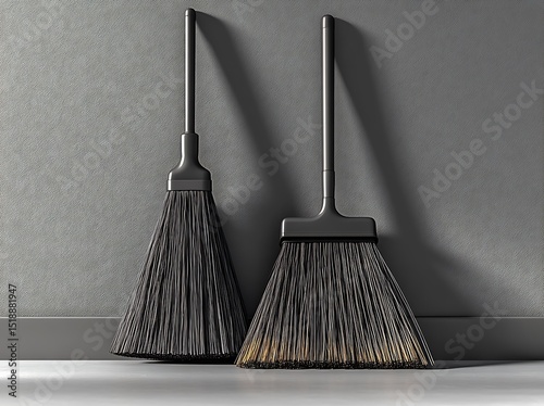 Broom mockup with black brushes leaning against gray wall

 photo