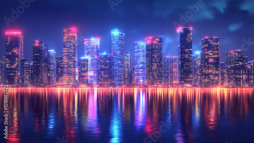 Modern Skyscraper Network At Night Featuring Urban Architecture And Speed Energy Flow