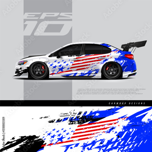Car wrap decal designs. Abstract american flag and sport background for racing livery or daily use car vinyl sticker. Full vector eps 10.