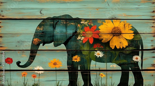 Elephant adorned with vibrant flowers on rustic wooden planks