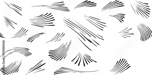 Vector silhouette set of abstract motion graphics, swirling wind shapes, speed lines, and simplified deciduous and coniferous tree forms with flat 2D perspective

