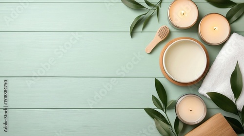 Spa Beauty Still Life with Candles and Green Leaves