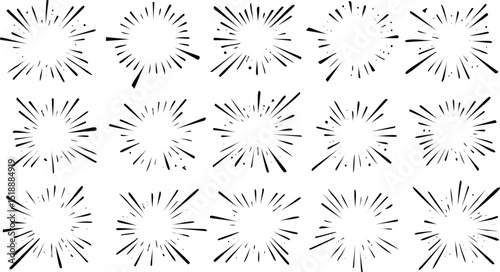 Vector Artwork Showcasing a Grid of Burst Line Illustrations and Contrasting Tree Shapes with No Texture in a Two-Dimensional Perspective