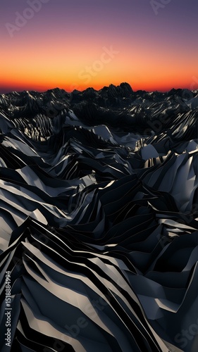 Abstract Mountain Range at Sunset: Low Poly 3D Render