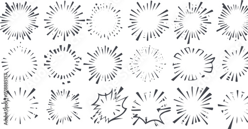 Minimalist Black and White Composition of Explosive Sunburst Graphics and Simplified Deciduous and Coniferous Tree Forms in a Flat Design Layout

