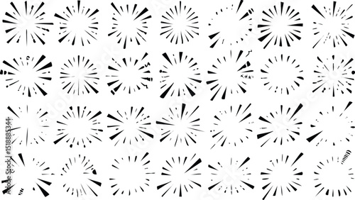 Vector Illustration Featuring Monochrome Radial Burst Patterns and Stylized Tree Silhouettes with Geometric Symmetry on a Clean White Background

