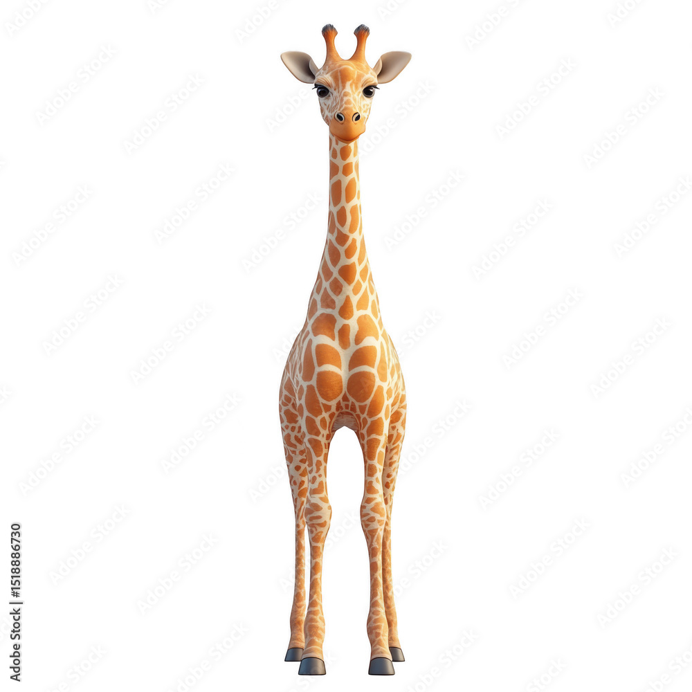 Obraz premium A cute cartoon giraffe stands upright, displaying its long neck and distinctive patterned coat. Png, Transparent background.