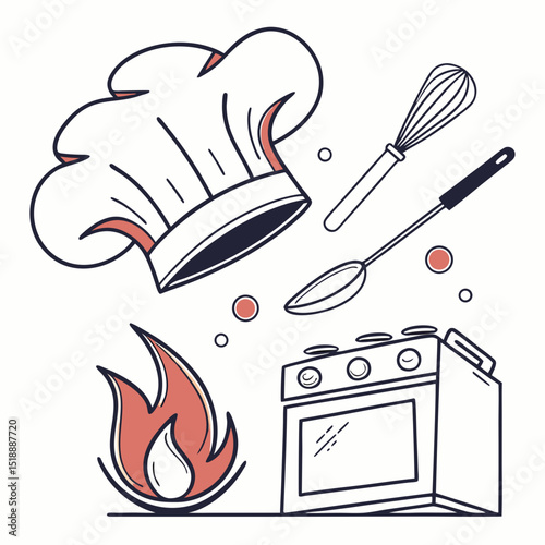 Illustration of chef's hat, whisk, spoon, flame, and kitchen oven range