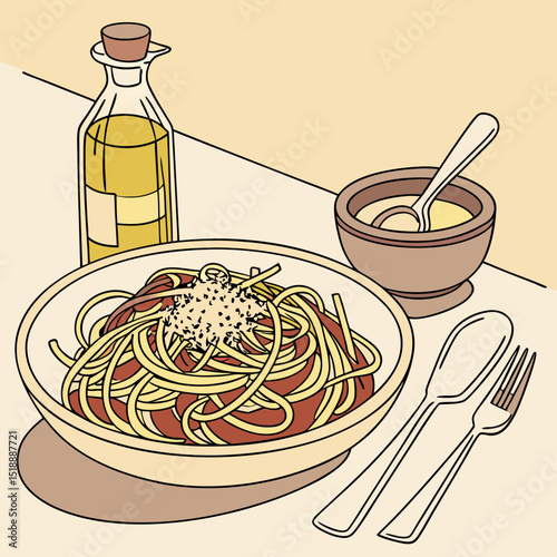 Still life of spaghetti with tomato sauce and olive oil on a table top