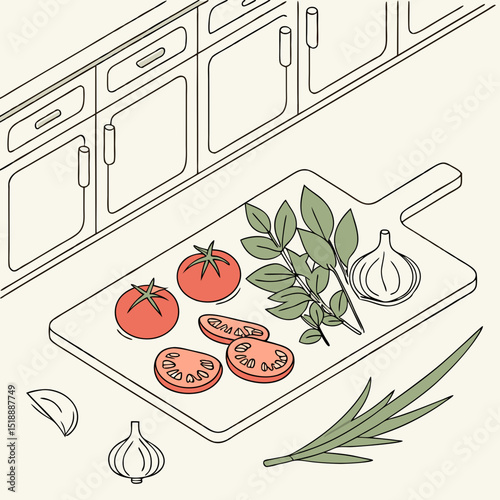 Isometric kitchen scene with cutting board tomatoes herbs and garlic