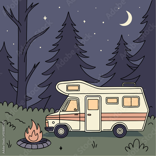 Illustration of camper van in forest at night with campfire and moon view