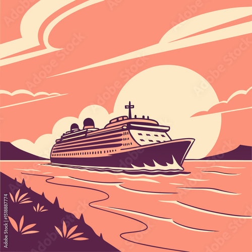 Cruise ship sailing on the water with a sunset and cloudy sky view