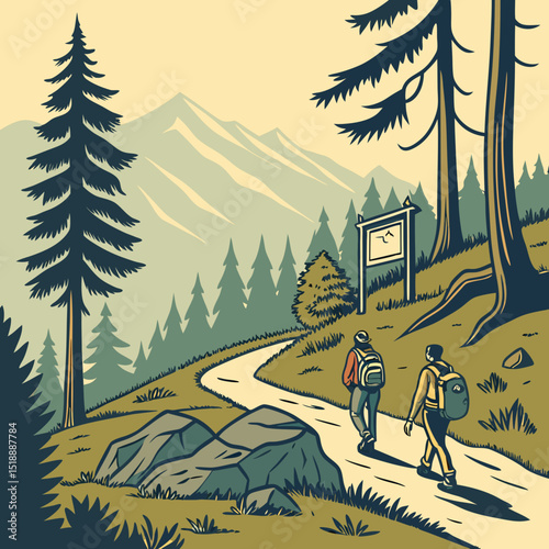Two hikers walking on a mountain trail with trees and a signpost view
