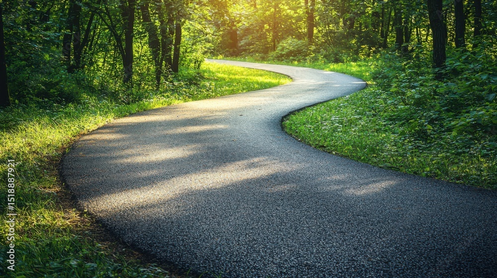 Fototapeta premium Serene winding asphalt road through lush green forest bathed in soft sunlight du daytime in a peaceful natural setting