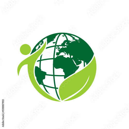 Green globe with abstract leaf and human vector logo