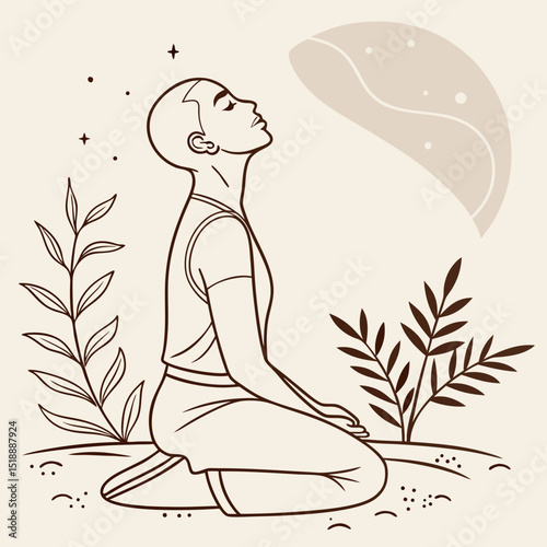 Woman meditating outdoors with plants and abstract shape in the sky
