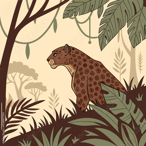 Leopard lurking among lush tropical foliage in a dense jungle scene