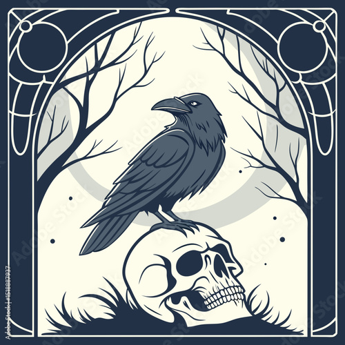 A raven perched atop a skull with bare trees in the background art