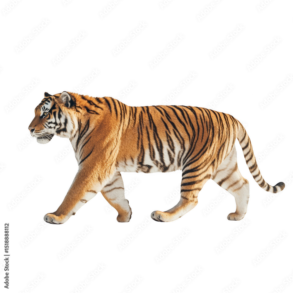 Obraz premium A majestic tiger walking gracefully, displaying its distinctive orange fur and bold black stripes. Png, Transparent background.
